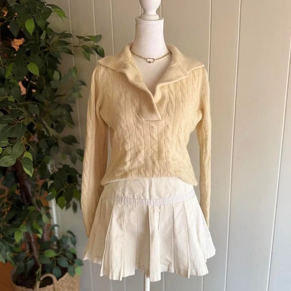Evelyn Grace Cashmere Cable Knit V-Neck Sweater Cream Women's Size Medium